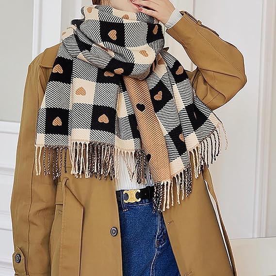 Women's Winter Scarf Shawl with Tassels Holiday Gift Cute Heart Checkered Print Plaid Design Chunky for Cozy Style