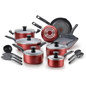 T-fal Initiatives Nonstick Cookware Set 18 Piece, Oven Broiler Safe 350F, Kitchen Cooking Set w/Fry Pans, Saucepans, Saute Pan, Dutch Oven, Griddle, Pots and Pans, Home, Dishwasher Safe, Red