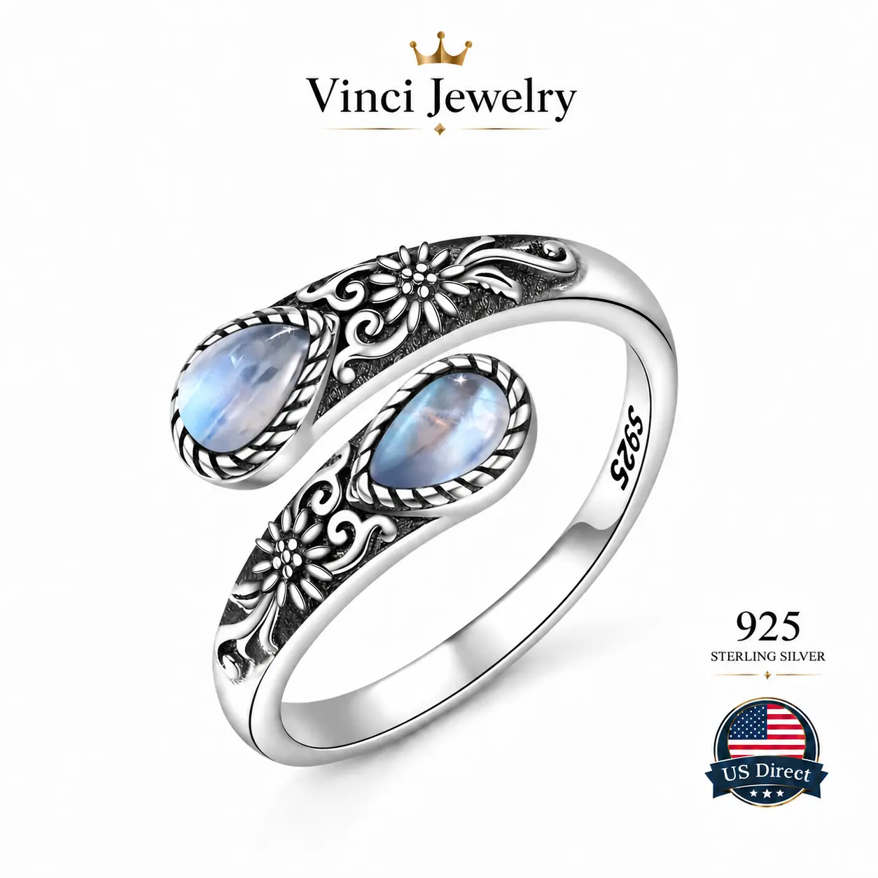 S925 Sterling Silver Moonstone Synthetic Women's Adjustable Thumb Open Ring, Victoria Vintage Style Hypoallergenic Nickel Free, Retro Floral, Lucky, Faith, Mother's Love Ring, Bohemian Style, Daily, Party, Holiday, Valentine's Day, Halloween, Easter Gift