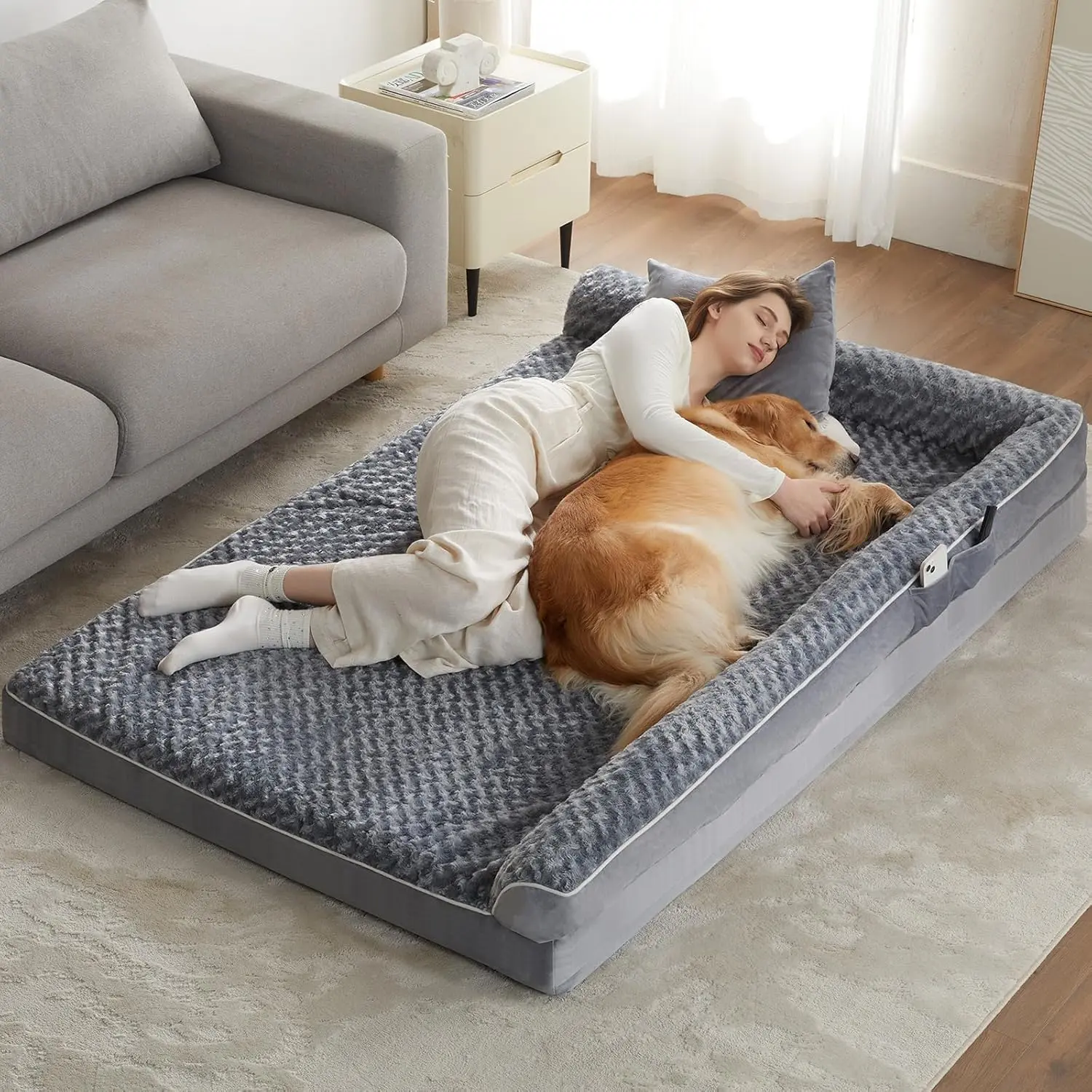 Orthopedic L-Shaped Large Dog Bed - 42" x 30" x 6.5" Waterproof Velvet-Top Sofa with Pressure Relief Memory Foam, Joint Support, Removable Washable Snap-Zipper Cover, Self-Warming Soft Surface, Non-Slip Bottom, Alleviates Discomfort, for Apartment Decor,,