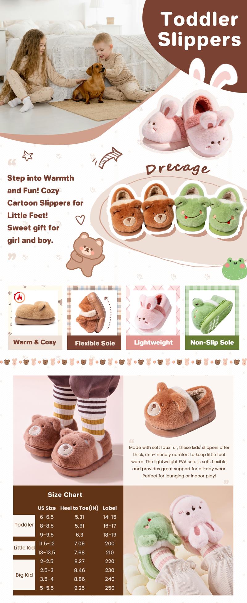 Drecage Toddler Kids Slippers Girls Boys House Shoes Winter Plush Warm Soft with Cute Cartoon Design Indoor Shoes for Boys and Girls