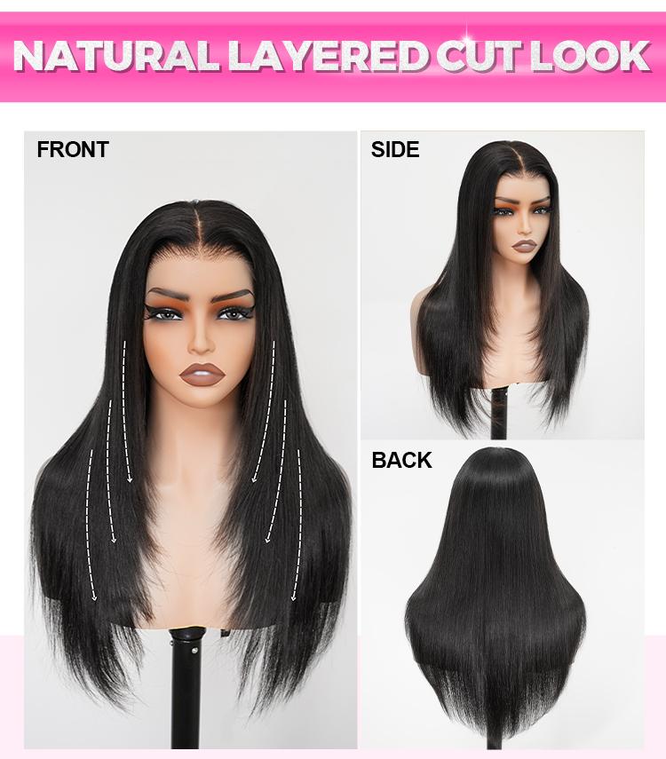 CurlyMe Layered Cut Pre-bleached Yaki Straight & Straight Hair Wear Go Glueless Wig 7x5 Pre-cut HD Lace Pre-plucked