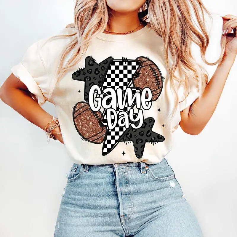 Football T-Shirt, Game Day Football Shirt, Retro Checkered Football TShirt, Football Mama Shirt, Touchdown Season, Leopard Football Coquette