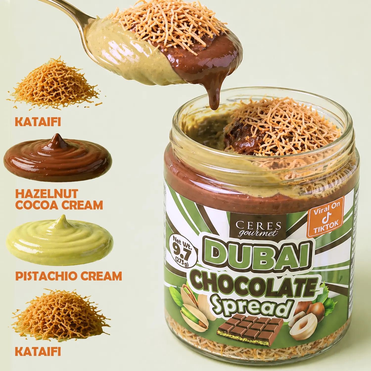 Dubai Chocolate Spread Jar – Pistachio Cream & Hazelnut Butter Spread with Kataifi Pastry – Rich, Creamy, Smooth & Natural – Artisan Dessert –9.7 oz -tiktok viral