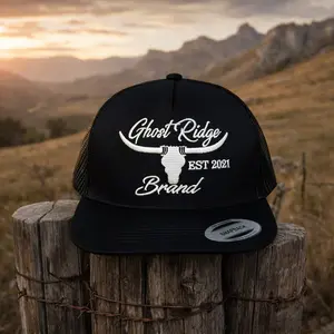 Ghost Ridge Brand Trucker Hat Black | Embroidered Longhorn Skull Snapback | Western Ranch Cowboy Outdoor Hat for Men