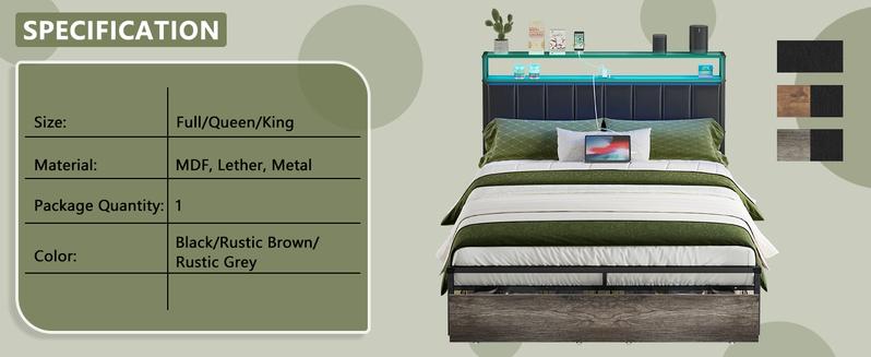 AMERLIFE Bed Frame with 2 Storage Drawers, 2-Tier Storage PU Headboard with Charging Station& LED Lights, No Box Spring Needed/Unique Bedroom Furniture