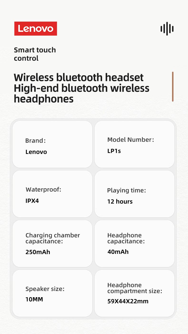 Lenovo LP1S In-Ear Wireless Bluetooth 5.0 Headphones with Stable & Fast Connection, Hi-Fi Sound Quality, Lightweight Sport Design, IPX4 Waterproof Audio Headsets for Music & Phone Calls