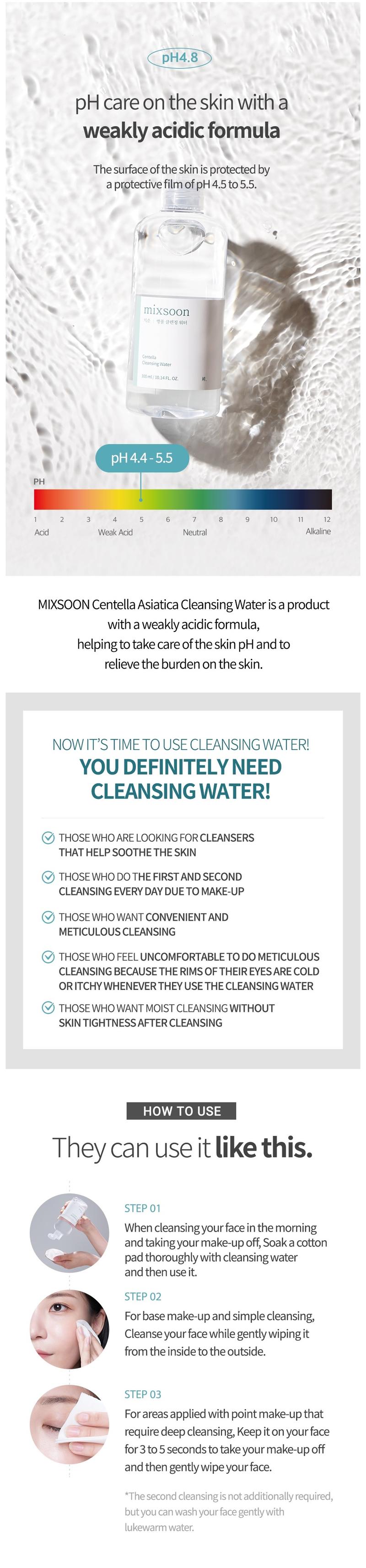 [mixsoon Official Shop] Centella Cleansing Water 10.14 fl.oz / 300ml - Hypollergenic Cleansing, Korean Glass Skincare Natural Liquid Cleanse Cleanser