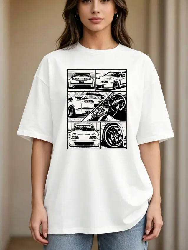 JDM Toyota Supra MK4 Manga Panel Graphic T-Shirt, Vintage Japanese Sports Car Tee Car Enthusiast Casual Short Sleeve Top For Men Women