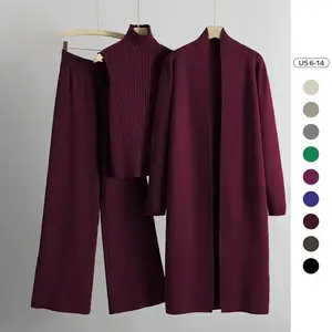 Women's Three-Piece Set Solid Turtle Neck Tank Top & Wide Leg Trousers & Open Front Long Cardigan Set, Women Clothes Fall & Winter(2)#BlackFriday#