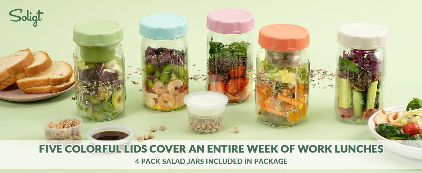 SOLIGT 4 Pack Glass Salad Jars with Lids Meal Prep, Leakproof Container for Lunch, with Wet/Dry Separation Cups, 32oz Mason Jars