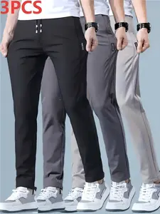 Men’s summer solid-color breathable lightweight pants, comfortable, with an elastic waistband and drawstring, side pockets, machine washable—suitable for gym, office, and outdoor leisure; casual-style trousers.