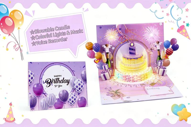 BREEZA Birthday Cards Fireworks Pop Up Cake Blowable Light and Music Happy Birthday CardGifts for Wife,Husband, Grandpa,Grandma,Daughter,Son Birthday Gift,Cake Fireworks LED Candle Lights,3D Birthday Card with Music and Colorful Lights