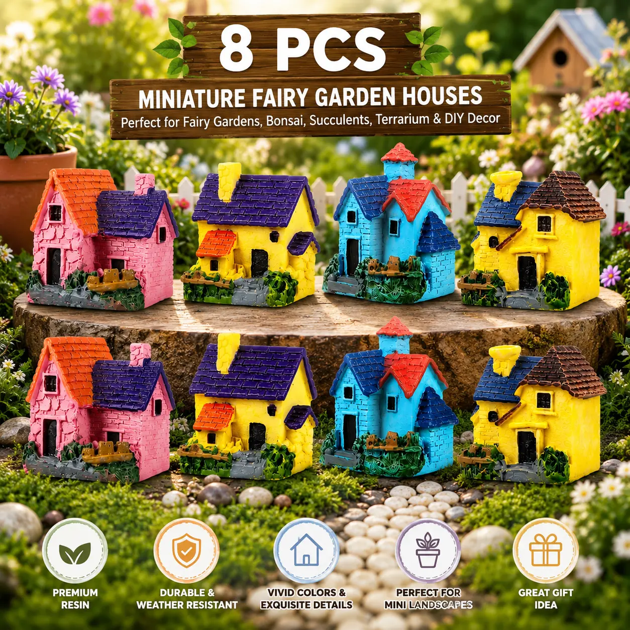 8Pcs Mini House Micro Landscape Miniature Decoration Resin Figurine Plant Pot Fairy Garden Ornament