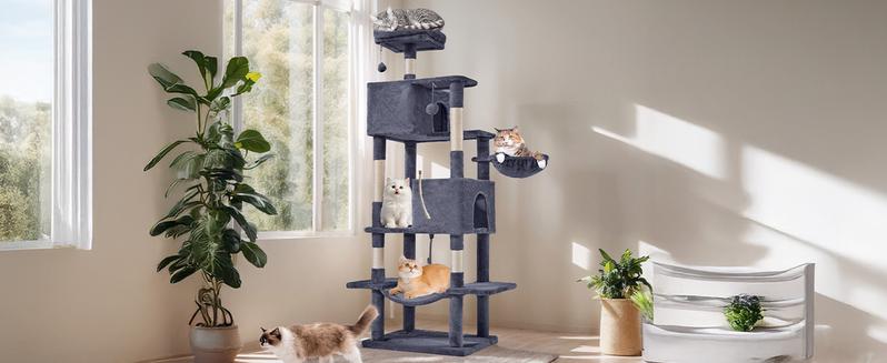 Sweetcrispy Cat Tree with Cat Condo and Big Hammock - 22.44"x13.78"x39.37"H, Faux Fur, Natural Sisal Posts, Hanging Ball, Removable Hammock