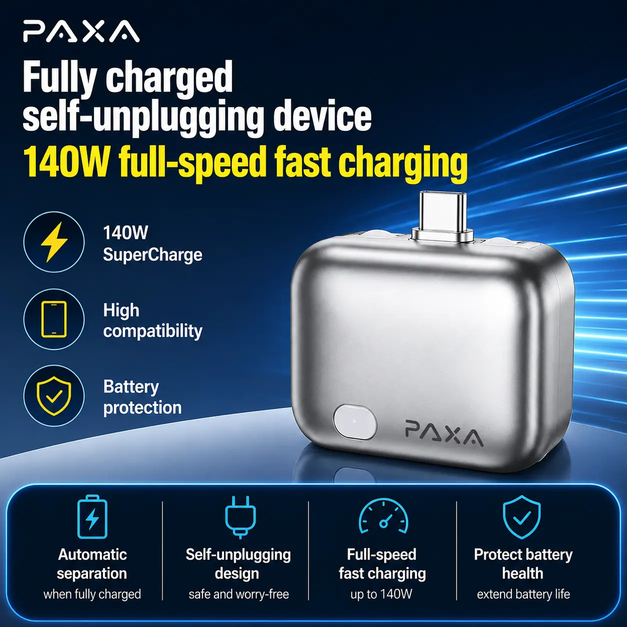 PAXA 140W Smart Auto Disconnect Mobile Charger - Type-C Self-Eject Safety Adapter with Charger Compatible, Overnight Safety, Self-Unplugging Design, Fast USB Charging for Phones & Laptops