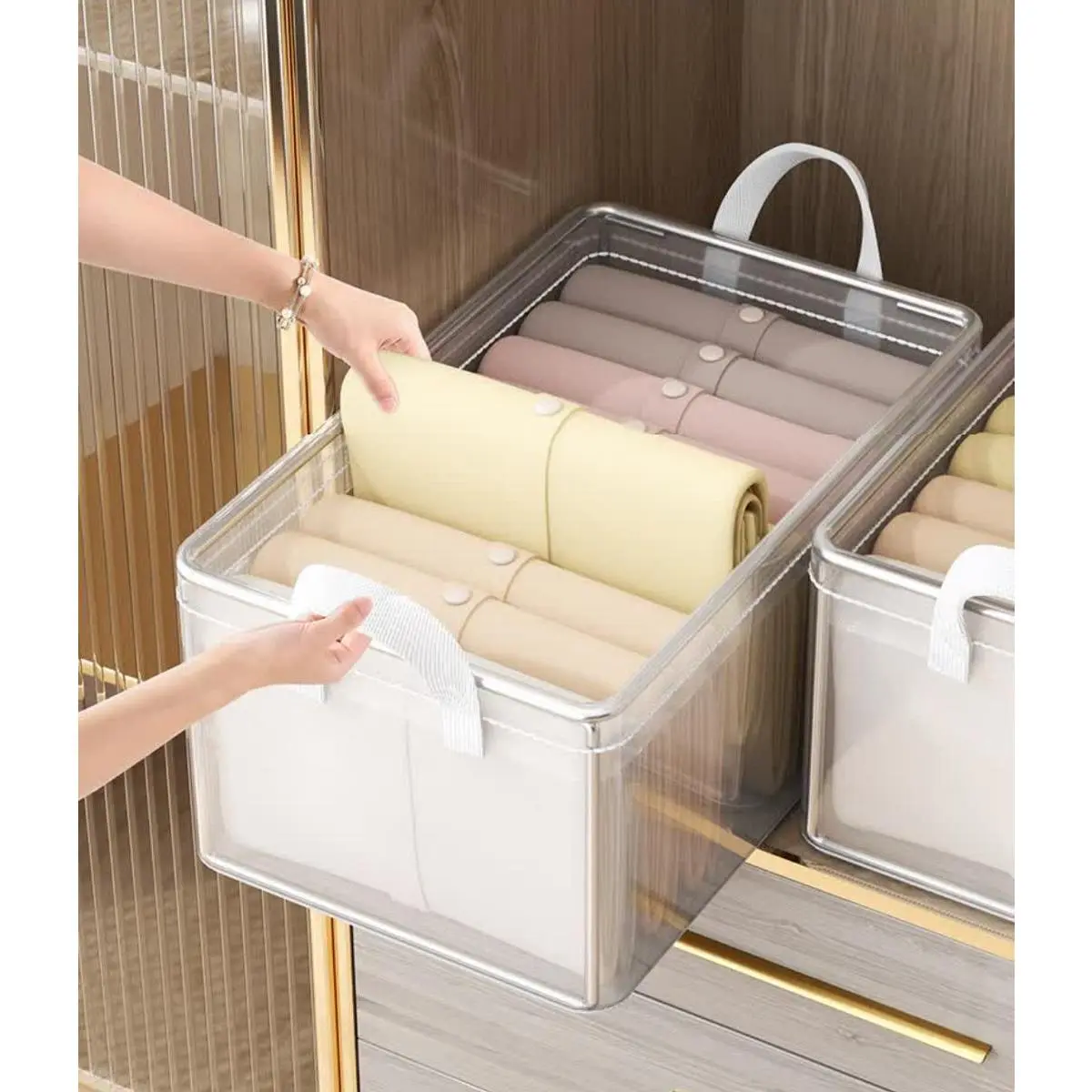 4-Piece Stackable PVC Plastic Storage Boxes with Lids, Handles, Rectangular Body, Durable Collapsible Design - Portable Space-Saving Storage Organizer for Home, Study, Wardrobe Closet Clothes Organization, Dustproof Home Supply, Room Storage