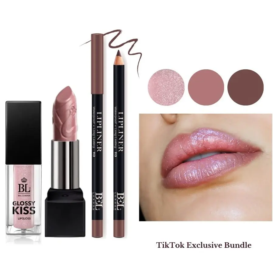 BEL London 3-Piece Lip Combo Set – Lip Liner, Argan Lipstick & Glossy Kiss Lip Gloss