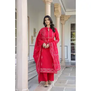 Vibrant Rani Pink Cotton Kurta Set with Ethnic Print Dupatta – 3-Piece