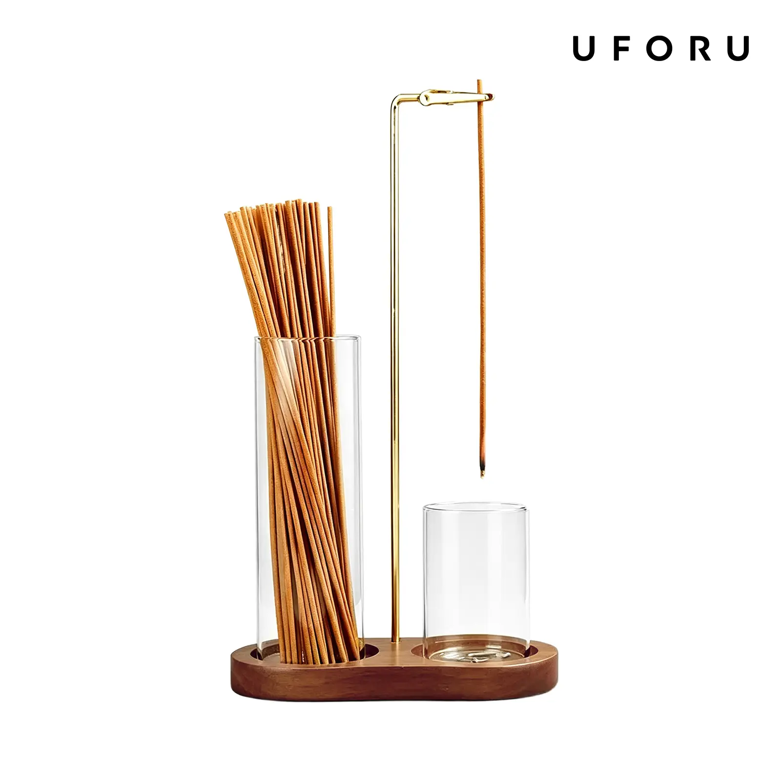 UFORU 2-in-1 Wooden Incense Burner-Candle Holder, Aromatic Therapy Home Fragrance Accessory with Removable Glass Ash Catcher, Clip-Angle Adjust Metal Clip, Minimalist Base Home Decor Item, Selfcare Gift