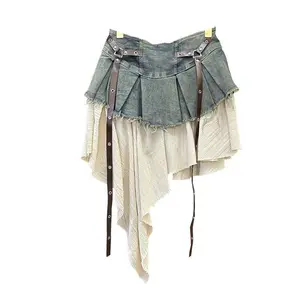 Retro splicing denim pleated skirt women's summer new style temperament hot girl fashionable high waist slim a-line short skirt