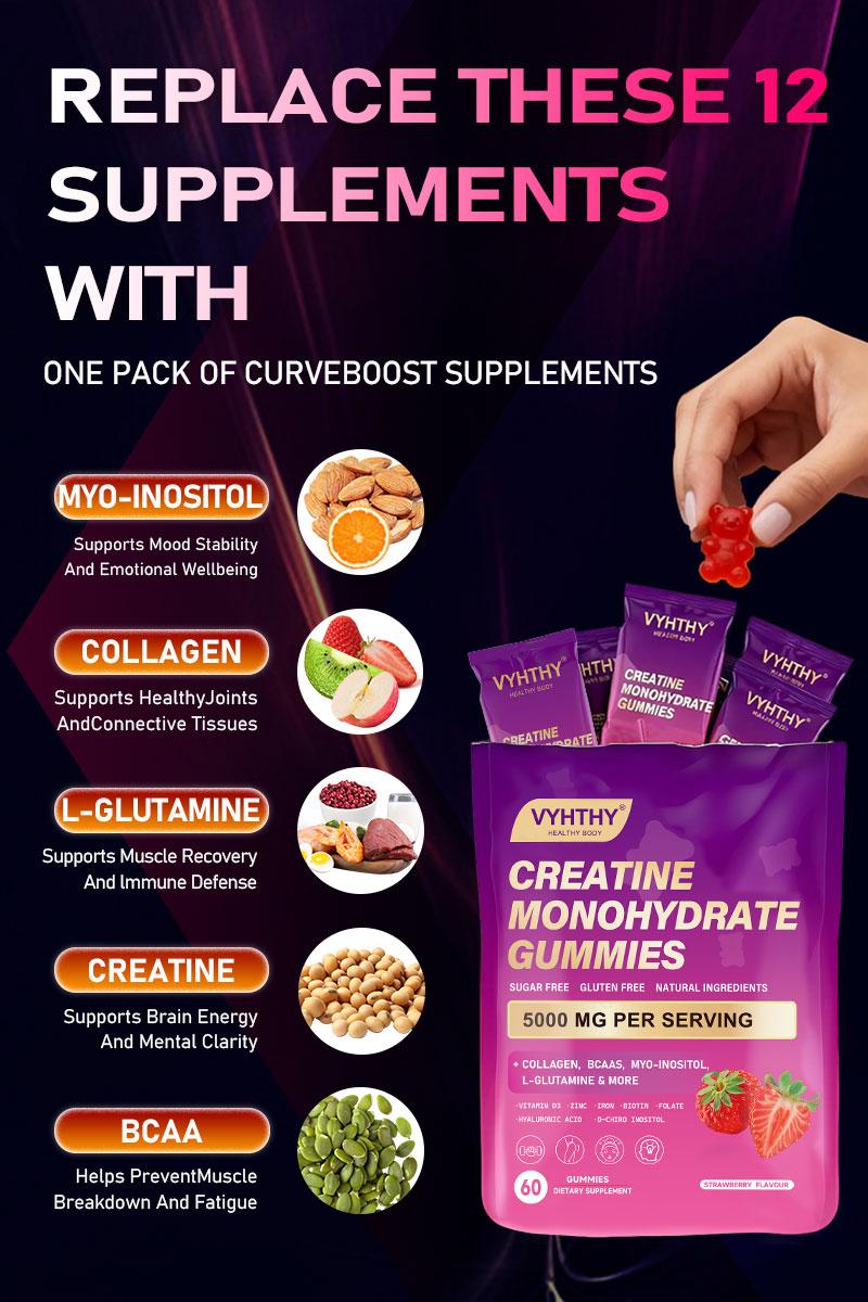 VYHTHY Creatine Monohydrate Gummies – With Collagen, BCAAs, L-Glutamine, Biotin, Zinc, Vitamin D3 & Hyaluronic Acid – Daily Pre & Post Workout Recovery, Sugar-Free