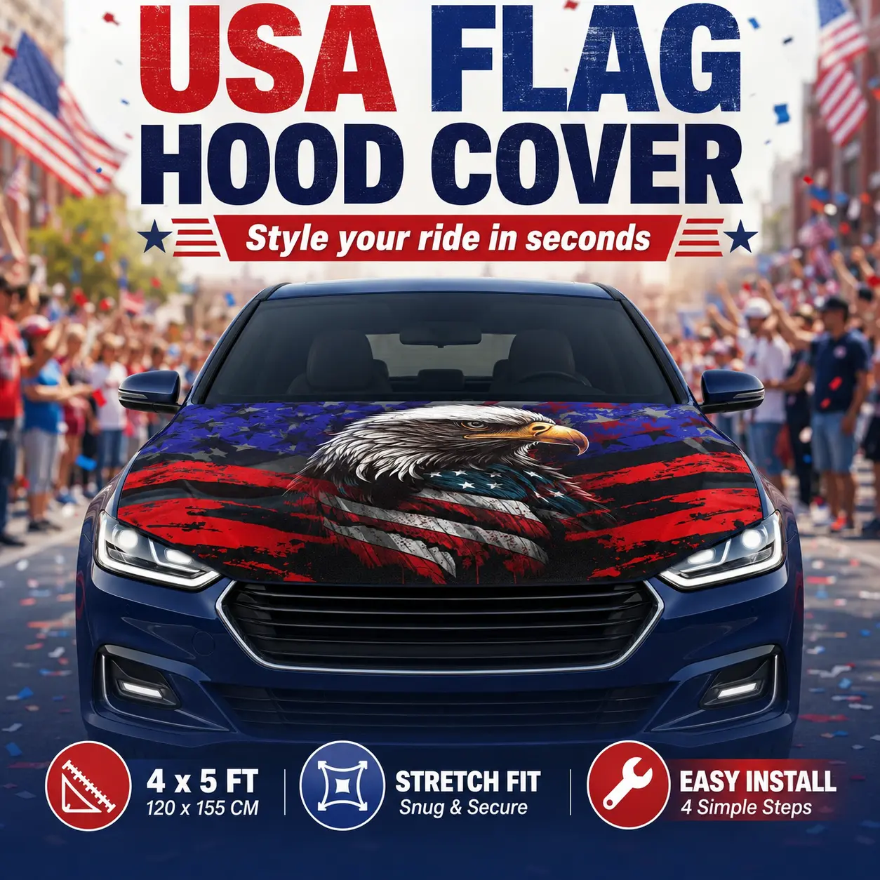 STARSHOOD Spandex Blend Patriotic American Flag Car Hood Cover - 4x5 ft Bald Eagle Design, Quick Install Universal Stretch Fit for Cars, Trucks, SUVs, Veterans Day Decor