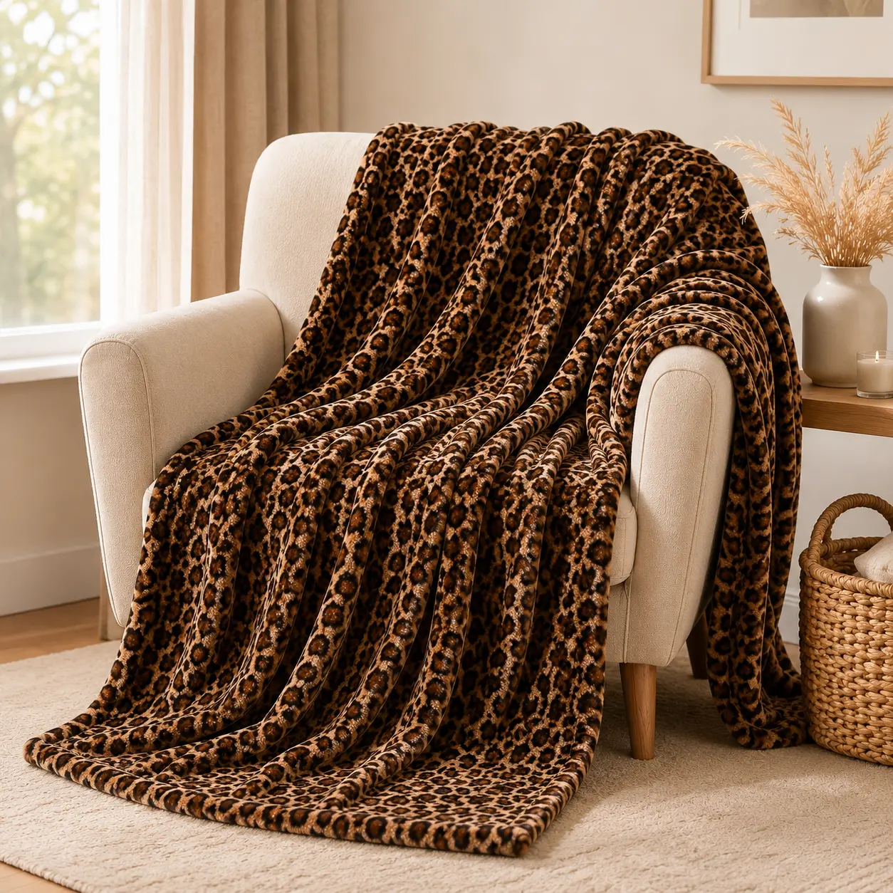 Cozy Leopard Print Fleece Flannel Throw Blanket - Super Soft, Lightweight Brown Cheetah Pattern Piece for Adults, Warm Single-Sided Home Decor Gift for Bed, Couch