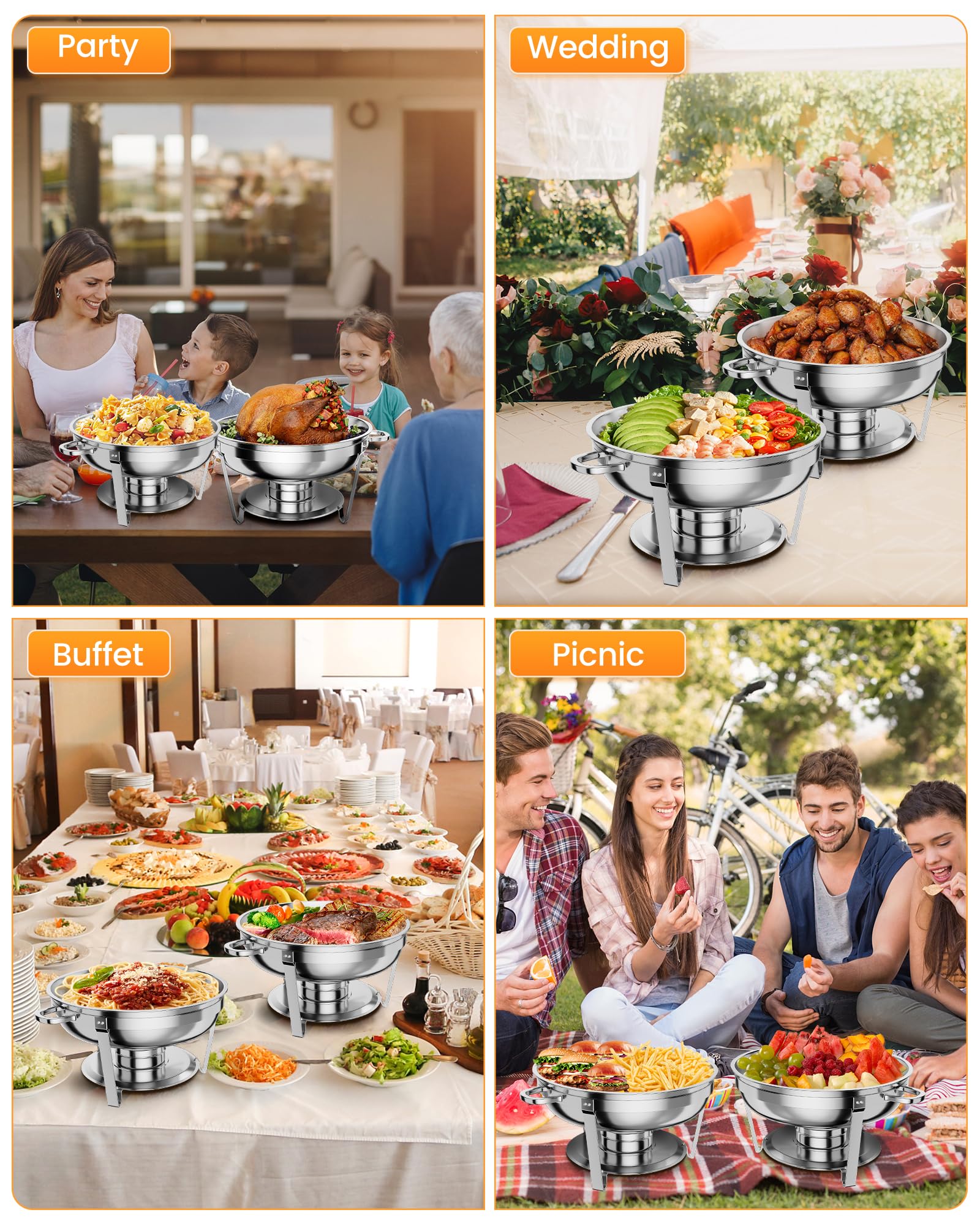 【GARVEE】Professional Stainless Steel Chafing Dish 5QT Round Buffet Server & Warmer Rust Resistant Casserole Cooking Container 2 4 or 6 Pack Options
