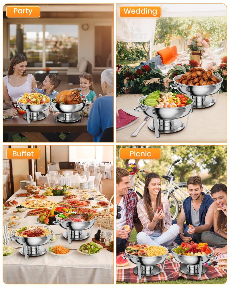 【GARVEE】Professional Stainless Steel Chafing Dish 5QT Round Buffet Server & Warmer Rust Resistant Casserole Cooking Container 2 4 or 6 Pack Options