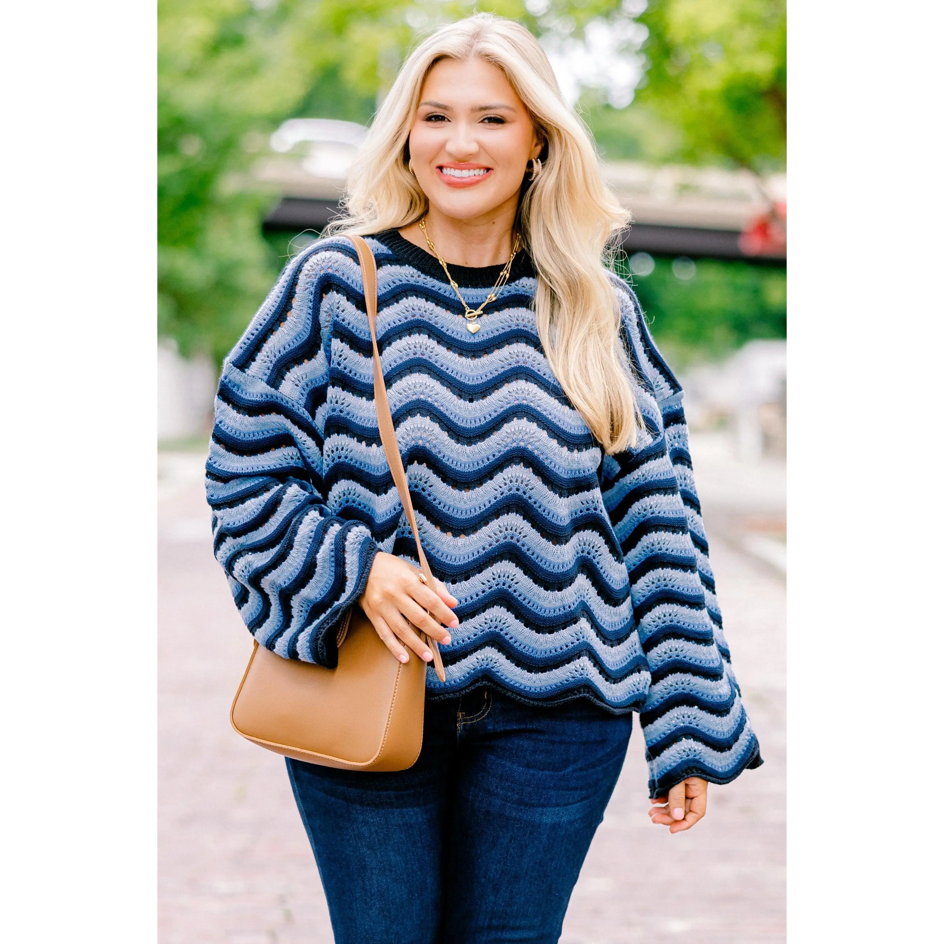 Women's Navy Crochet Sweater with Wavy Pattern, Long Bell Sleeve Acrylic Knit for Layering Over a Camisole, Bell Sleeves, Crochet Detail, Wave Pattern, Style, Tops, Snuggle Up, Knitwear, Lady, Long Length