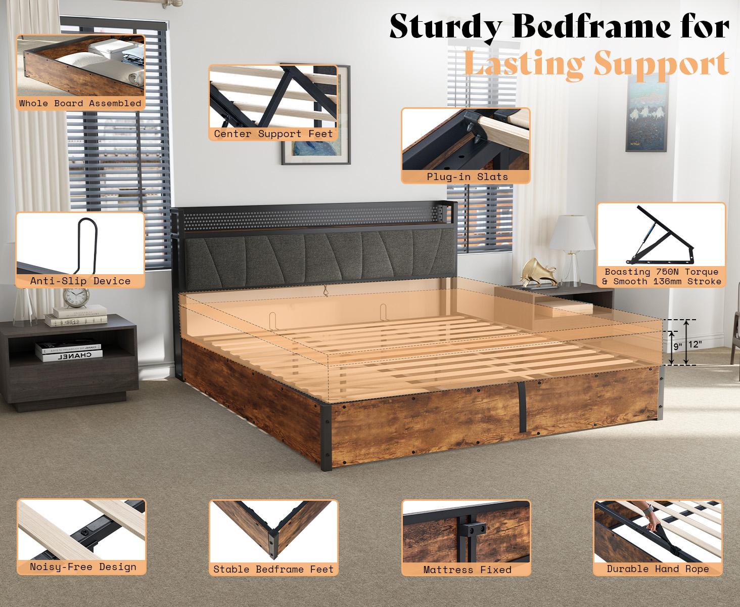 AMERLIFE King Size Lift Up Storage Bed Frame with LED Lights, Linen Upholstered Headboard with Charging Station, Wooden LED Light Platform Bed Frame,Best Gift Ideas/Christmas Gifts