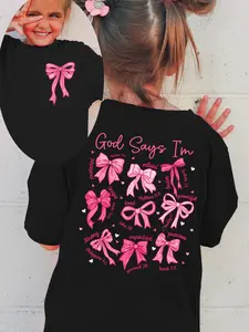 Summer Fashion Short-Sleeve T-Shirt for Girls That Says 'I'M Unique Valued' with a Bow And Letter Elements, Featuring a Cartoon Print, Perfect for Casual Wear