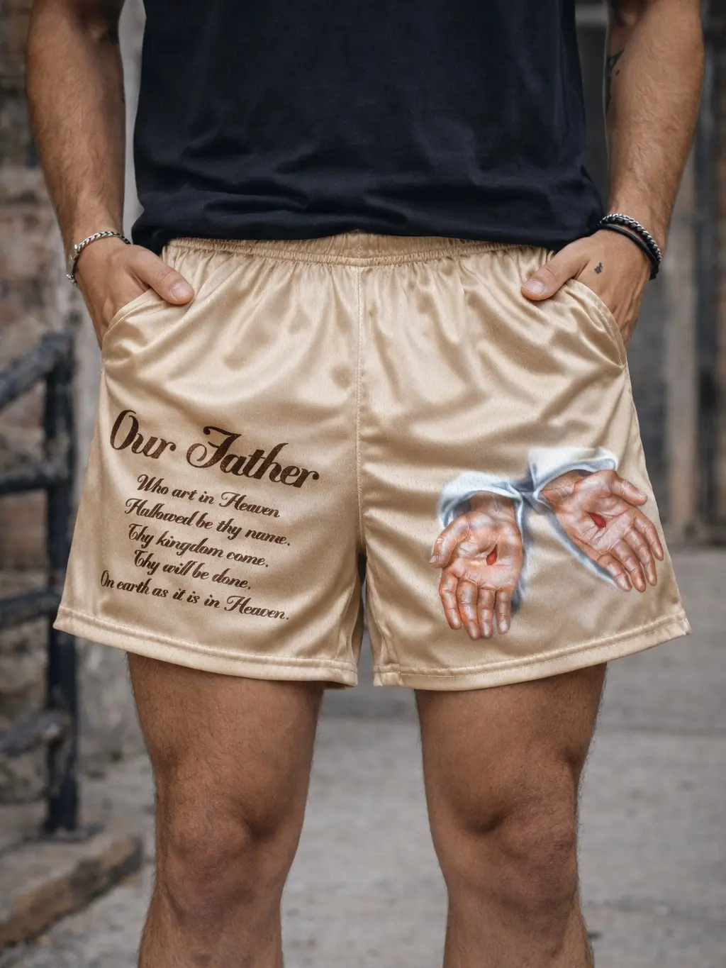 For All His Glory "Our Father" Gym Shorts Unisex - Caramel Mesh with White Drawstring & Lord's Prayer Text Christian Apparel