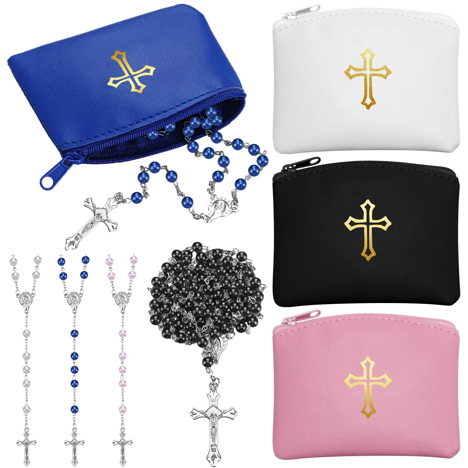 Rosary Pouch/Empty Rosary Case Rosary Bag with Catholic Rosary Beads Necklace 4 Sets /12 Pcs Christian Prayer Supply with Cross Imprint Leather First Communion Baptism Confirmation Religious Event Gift for Student Guests Women Parents Church Sunday School