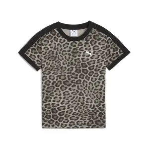 PUMA Womens T7 Leopard Luxe Graphic Slim Crew Neck Short Sleeve Casual Tops Casual - Black