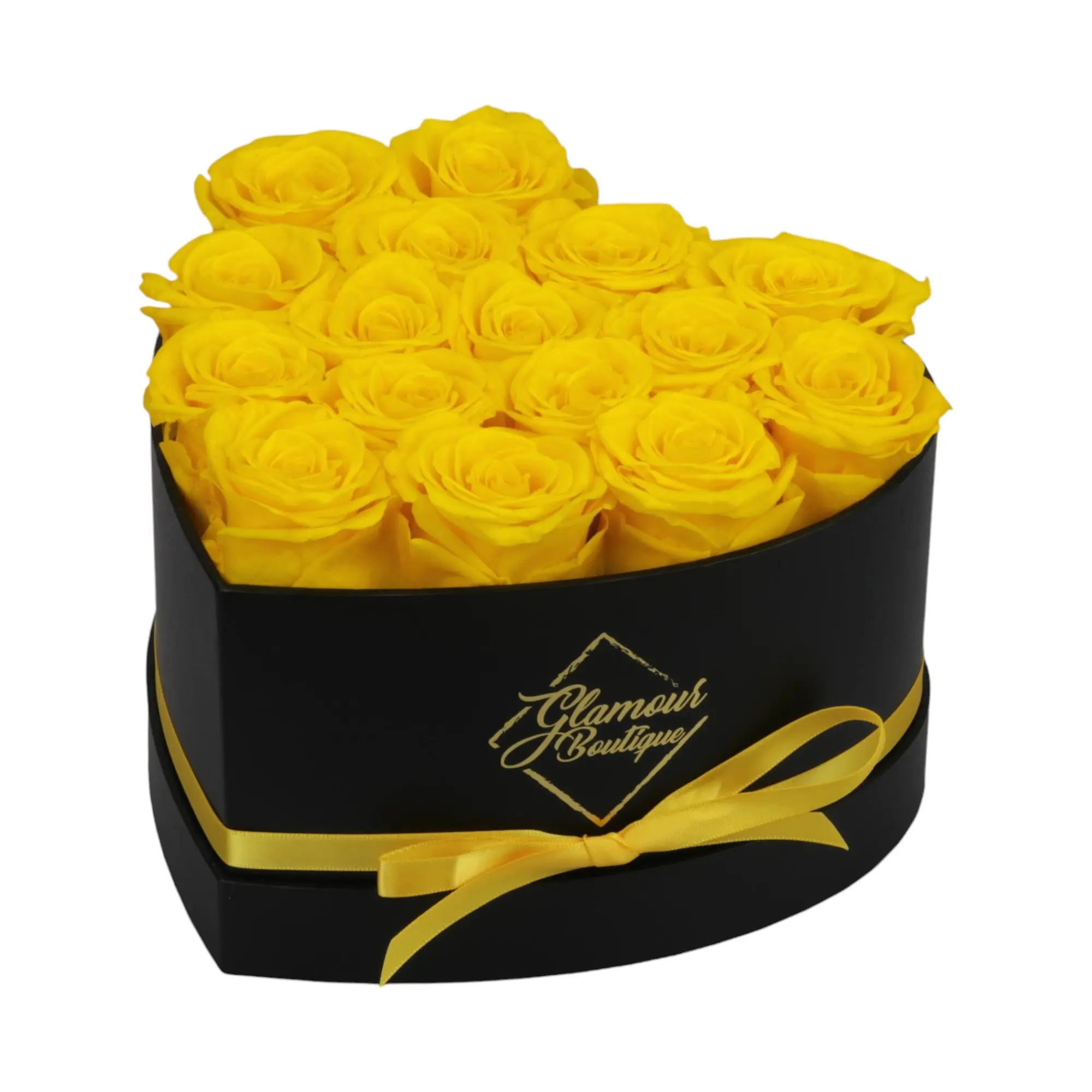 GLAMOUR BOUTIQUE Immortal Love Black Heart Bouquet Box - 16 Yellow Roses Feminine Arrangement for Birthday, Mother's Day, Valentine's Day, Bedroom Decor