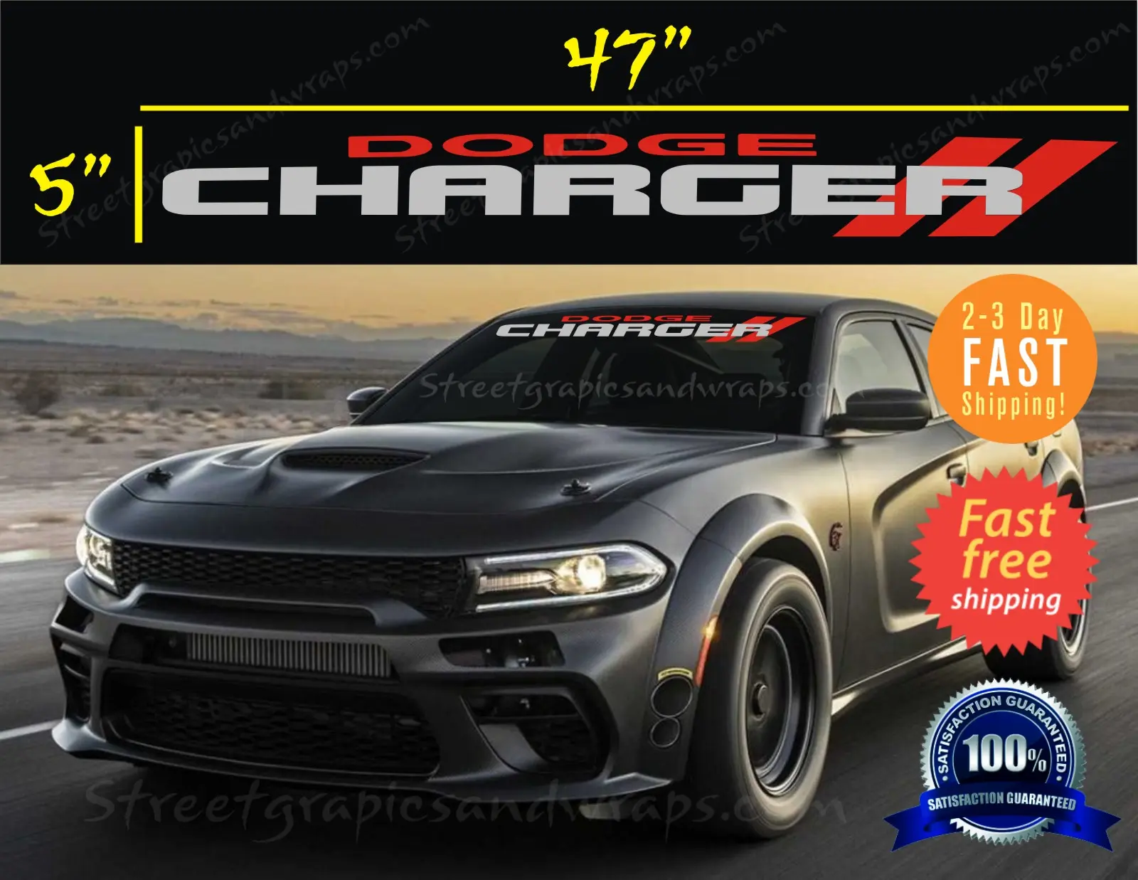 Dodge Charger Windshield Vinyl Decal Sticker 47" x 5" High-Quality Durable Material USA Made Vehicle Exterior Decoration Fast Shipping