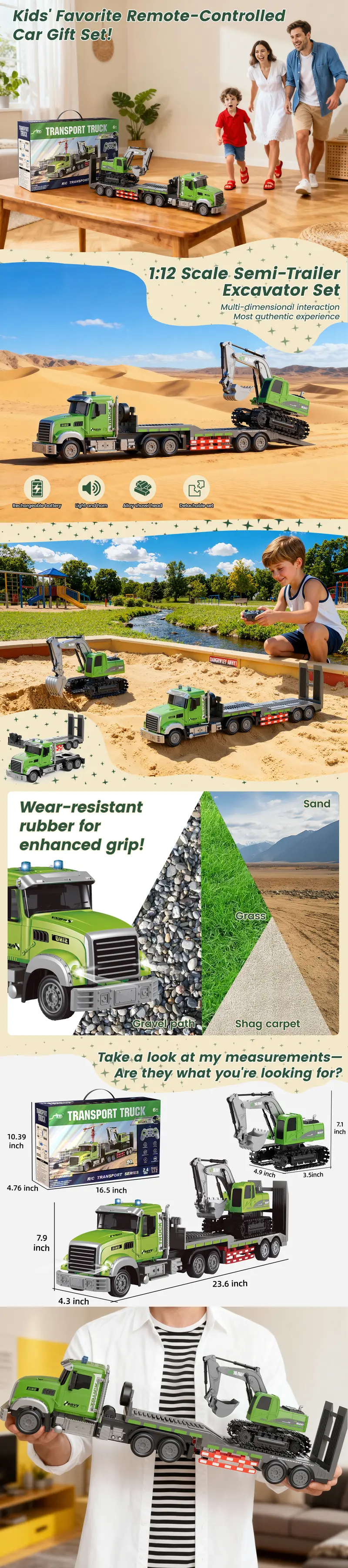Egofuntoy 1:12 RC Semi Truck & Excavator Backhoe Car Toy Set - ABS Plastic, 2.4GHz 11-Channel Remote Control Vehicle, Removable Rechargeable Flatbed Trailer with Lights & Sound, Auto-Demo Mode, Cool Christmas Gifts for 8-10Y Boys, Kid Stuff for Boys Egofuntoy 1:12 RC Semi Truck & Excavator Backhoe Car Toy Set - ABS Plastic, 2.4GHz 11-Channel Remote Control Vehicle, Removable Rechargeable Flatbed Trailer with Lights & Sound, Auto-Demo Mode, Cool Christmas Gifts for 8-10Y Boys, Kid Stuff for Boys