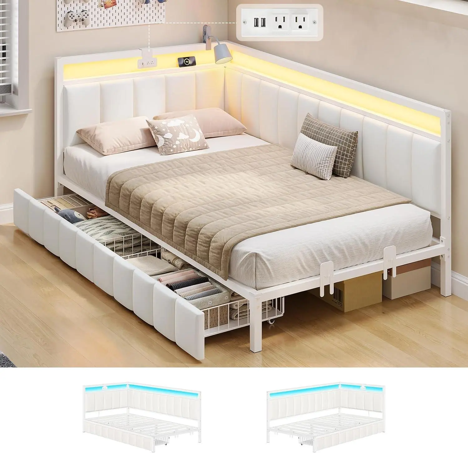 SIKAIC Corner Daybed with Storage Drawers, Upholstered Bed Frame with LED Lights & Charging Station, Beige Space-Saving Bedroom Furniture