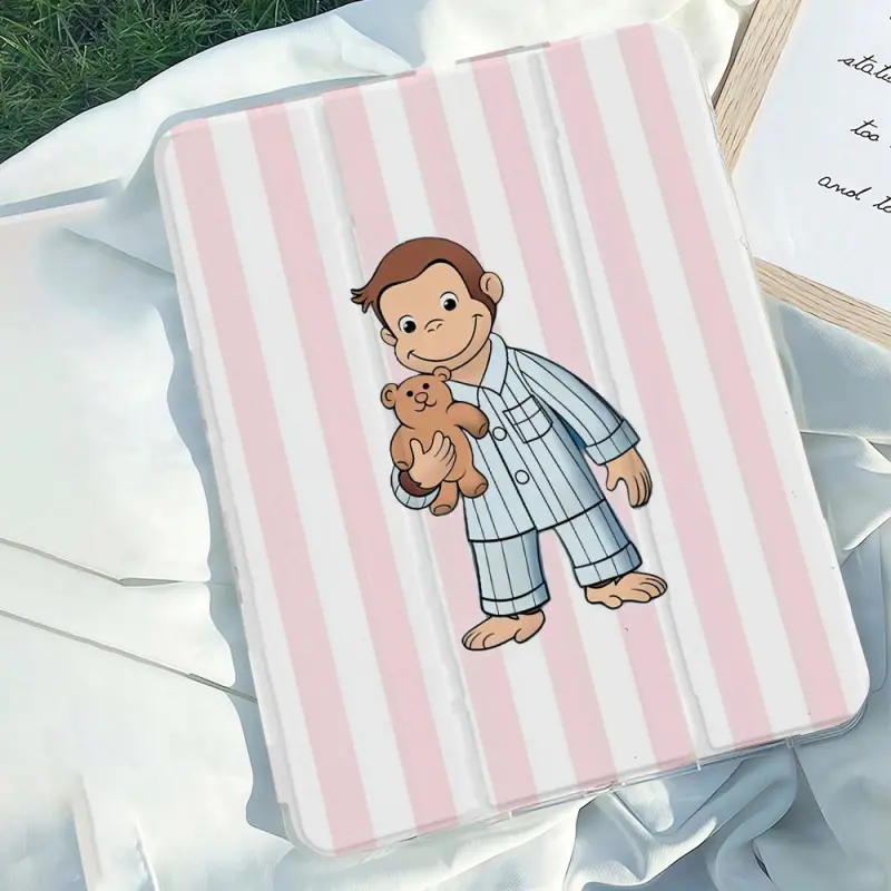 Cute Pink and White Striped Monkey Charm Protective Tablet Casing - Anti-Slip Flexible TPU, Adjustable Stand, Stylus Holder, Striped Print, for Samsung, iPad Mini, Air, Pro 10th-11th Gen, iPad 10th Gen (10.9 in) 2022 - sohochic Accessory