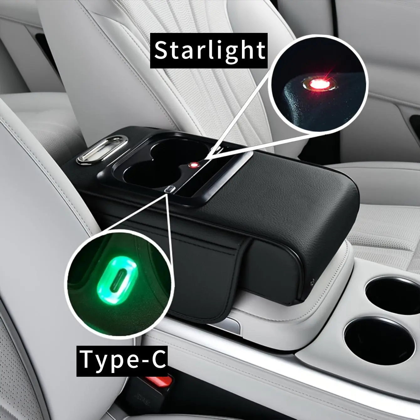Modern Leather-Like Car Armrest Cover - Multi-Use Car Interior Stowing Organizer with Starlight Lamp, 2 Type-C Ports, Expandable Storage Box, Cup Holder, Phone Slot for Long Drives