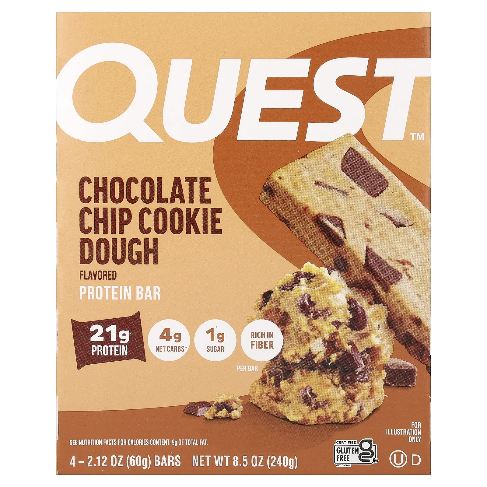 Quest Nutrition Protein Bar, Chocolate Chip Cookie Dough, 4 Bars, 2.12 oz (60 g) Each