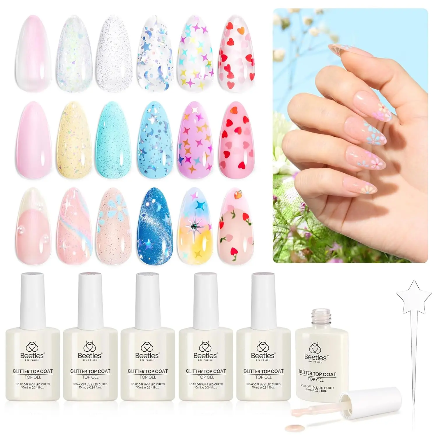 Beetles Gel Polish 6Pcs Heart Star Reflective Glitter Gel Top Coat Set, Clear Pink Color Pastel Gel Nail Polish No Wipe Top Coat Long Lasting Highly Shine Soak Off Uv Gel Art