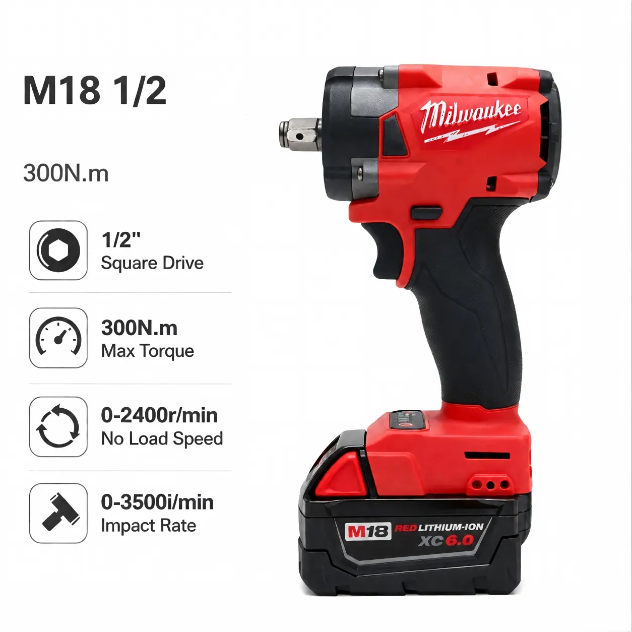 Milwaukee M18 1/2-Inch Impact Wrench - 300N-m Maximum Torque, 0-2400r/min No-Load Speed, 0-3500i/min Impact Rate industrial task power rechargeable tool battery long runtime high 3-side vertical heavy-duty cordless impact brushless lithium-ion screw gun