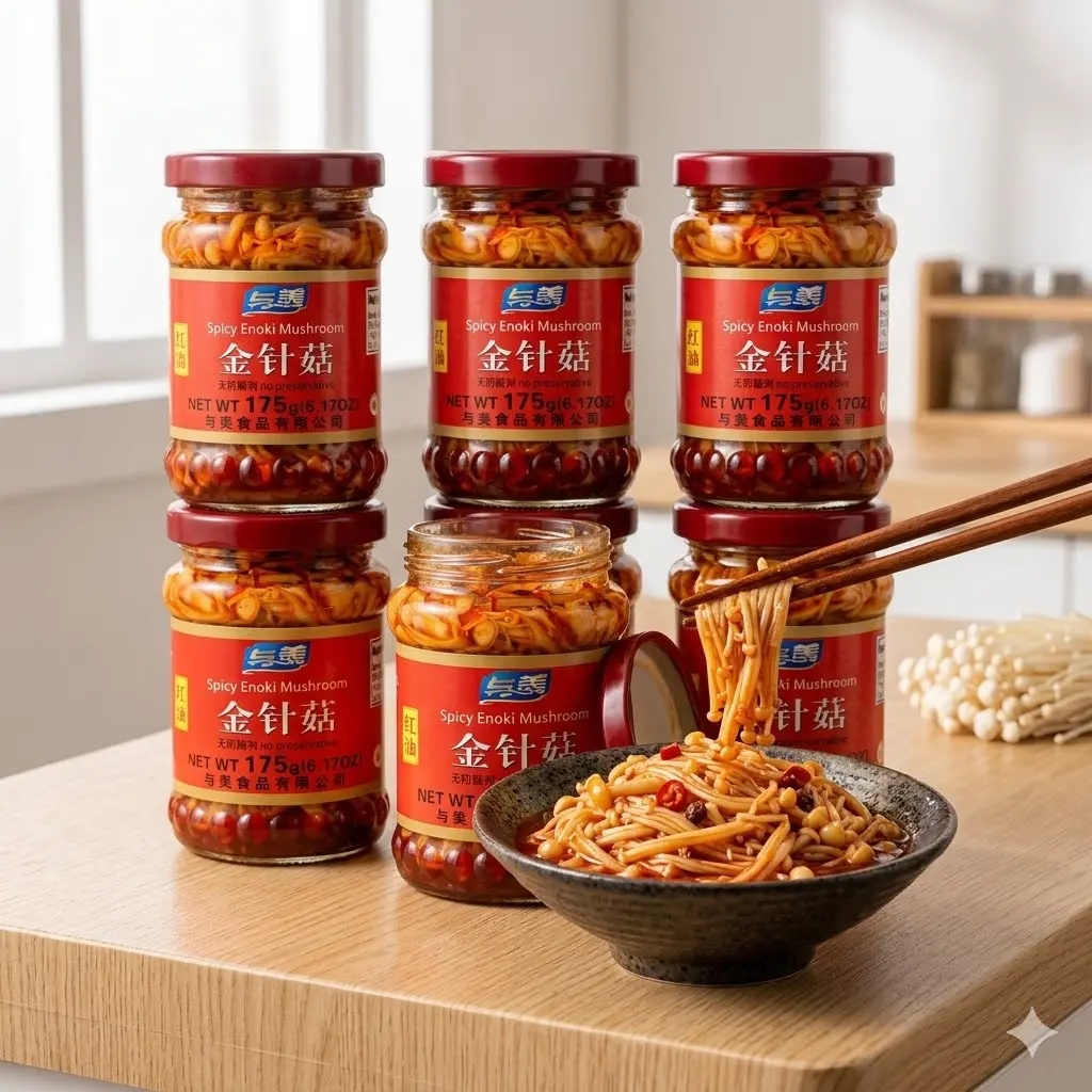 Yumei Spicy Enoki Mushrooms in Chili Oil - Savory Crunchy Szechuan Appetizer for Ramen, Rice & Porridge - 6.17oz (Pack of 1, 2, 3, 5, 6)