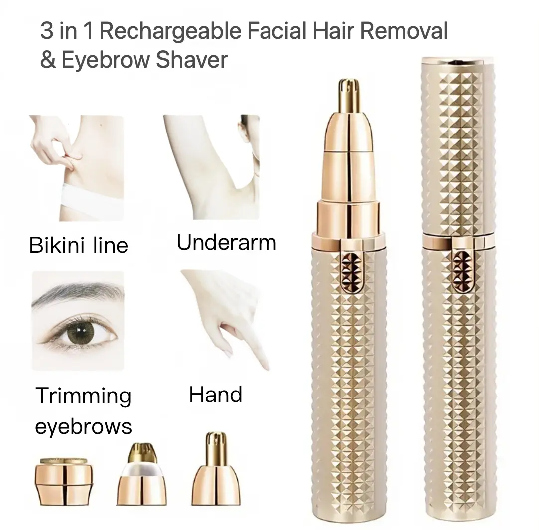 Women's 3-in-1 Rechargeable Facial & Eyebrow Hair Trimmer - Bathroom Gadget with Built-in LED Light, Lip & Peach Fuzz Remover, Precision Shaper, Compact Daily Beauty Grooming Tool, Rechargeable Battery, Abs Charger (Rose Gold) sohochic, Shaver, Eyebrow Sh
