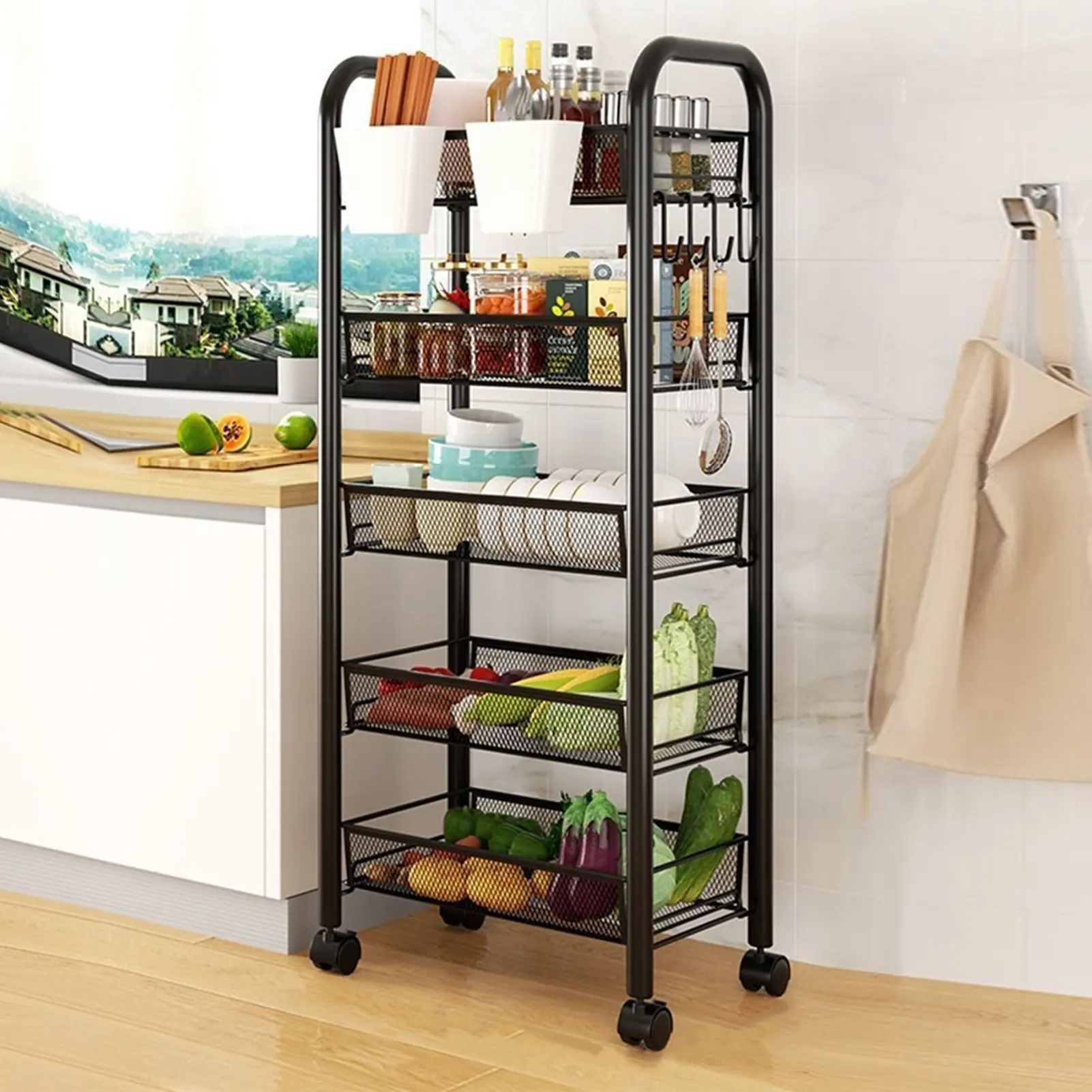 Springtok Fruit Vegetable Storage Basket, 5 Tier Stackable Metal Mesh Storage Basket with 360 Degree Wheels, Fruit Vegetable Produce Basket Storage Organizer for Kitchen, Pantry, Bathroom