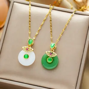 Jade Necklaces Crystal Gold Necklace for Women,Handmade Green Jewelry Round Green/ White Jade Pendant Choker Necklaces Crystal Handmade Necklace Chain for