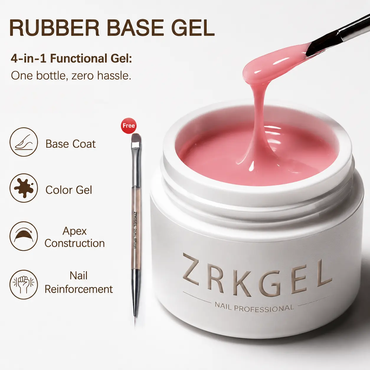 ZRKGEL Rubber Base Gel Builder Gel for Nails, BIAB Nail Strengthener, Self Leveling Nude Pink Milky White Soak Off UV LED Gel